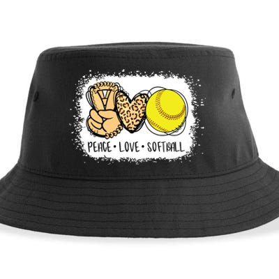 Bleached Peace Love Softball Mom Leopard Print Mothers Day Sustainable Bucket Hat