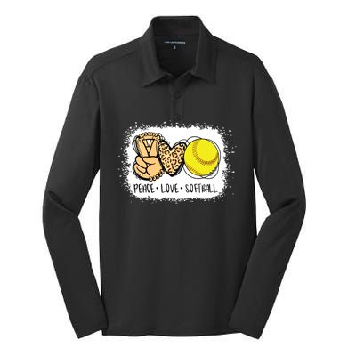 Bleached Peace Love Softball Mom Leopard Print Mothers Day Silk Touch Performance Long Sleeve Polo