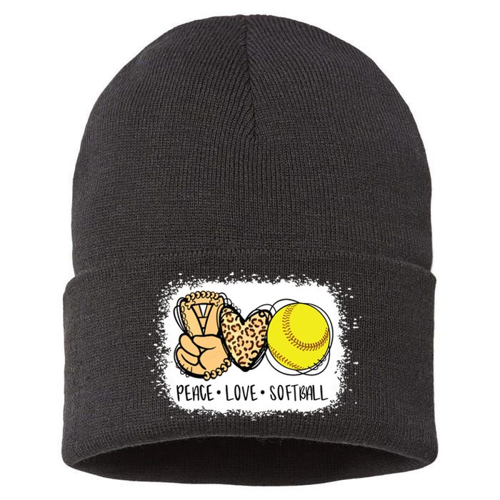 Bleached Peace Love Softball Mom Leopard Print Mothers Day Sustainable Knit Beanie