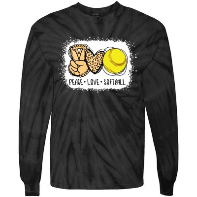 Bleached Peace Love Softball Mom Leopard Print Mothers Day Tie-Dye Long Sleeve Shirt