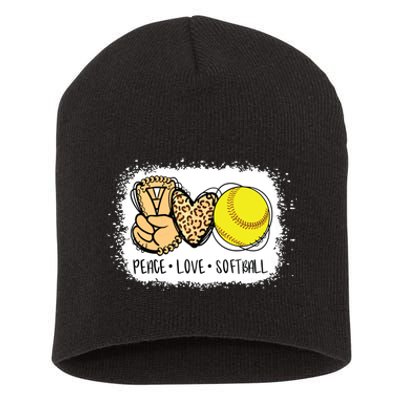 Bleached Peace Love Softball Mom Leopard Print Mothers Day Short Acrylic Beanie