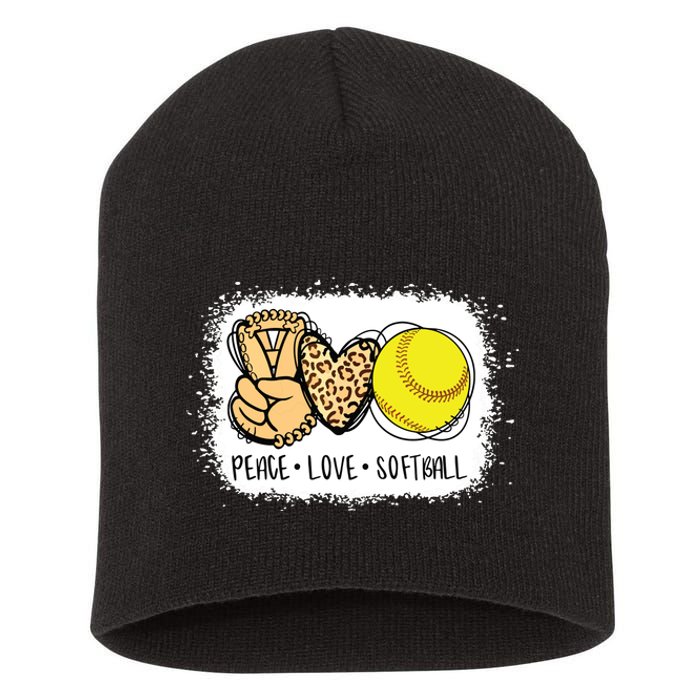 Bleached Peace Love Softball Mom Leopard Print Mothers Day Short Acrylic Beanie