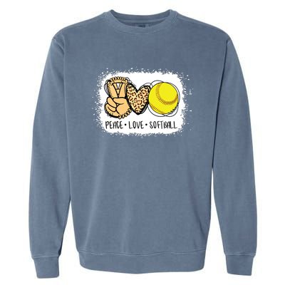 Bleached Peace Love Softball Mom Leopard Print Mothers Day Garment-Dyed Sweatshirt