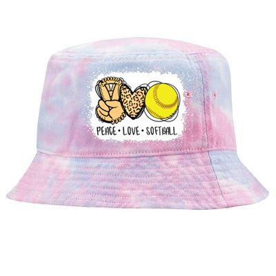 Bleached Peace Love Softball Mom Leopard Print Mothers Day Tie-Dyed Bucket Hat