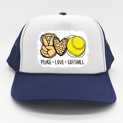 Bleached Peace Love Softball Mom Leopard Print Mothers Day Trucker Hat