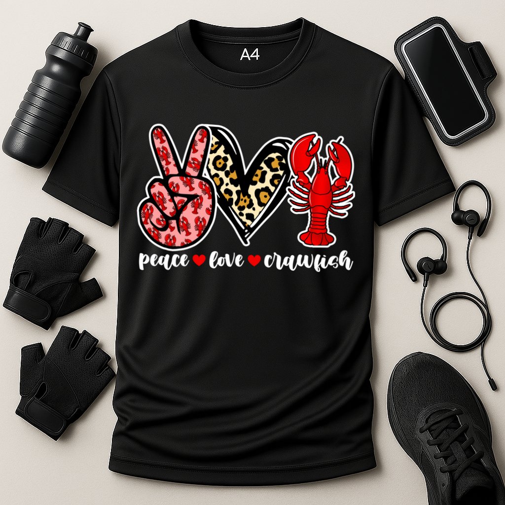 Bleached Peace Love Crawfish Leopard Crawfish Season Gift Cooling Performance Crew T-Shirt
