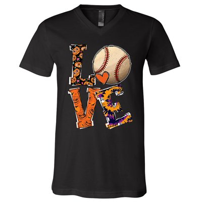 Baseball Player Love Halloween Baseball Pumpkin Tie Dye V-Neck T-Shirt