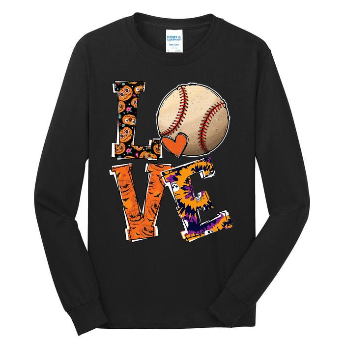 Baseball Player Love Halloween Baseball Pumpkin Tie Dye Tall Long Sleeve T-Shirt