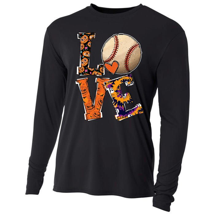 Baseball Player Love Halloween Baseball Pumpkin Tie Dye Cooling Performance Long Sleeve Crew