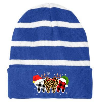 Buffalo Plaid Leopard Teenth Squad Merry Xmas Dentist Dental Gift Striped Beanie with Solid Band