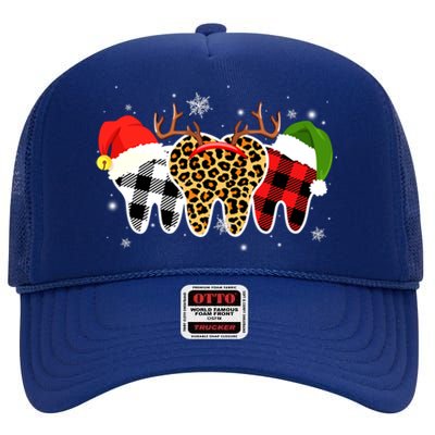 Buffalo Plaid Leopard Teenth Squad Merry Xmas Dentist Dental Gift High Crown Mesh Back Trucker Hat