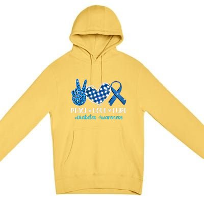 Bleached Peace Love Cure Grey Blue Ribbon Diabetes Awareness Premium Pullover Hoodie