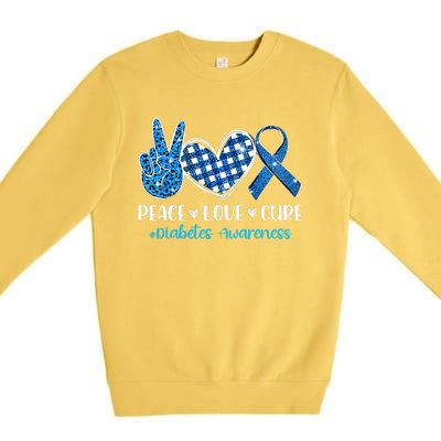 Bleached Peace Love Cure Grey Blue Ribbon Diabetes Awareness Premium Crewneck Sweatshirt