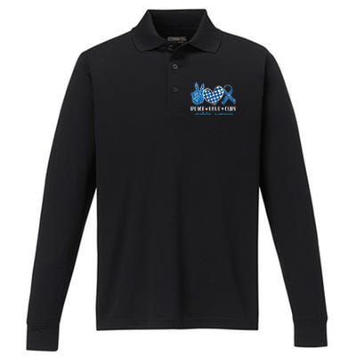 Bleached Peace Love Cure Grey Blue Ribbon Diabetes Awareness Performance Long Sleeve Polo