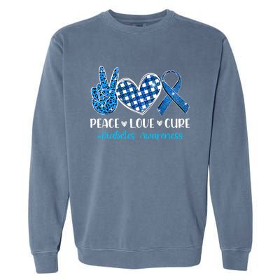 Bleached Peace Love Cure Grey Blue Ribbon Diabetes Awareness Garment-Dyed Sweatshirt