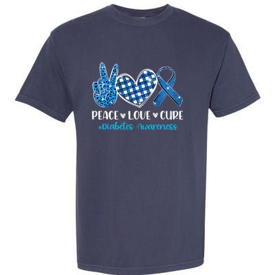 Bleached Peace Love Cure Grey Blue Ribbon Diabetes Awareness Garment-Dyed Heavyweight T-Shirt