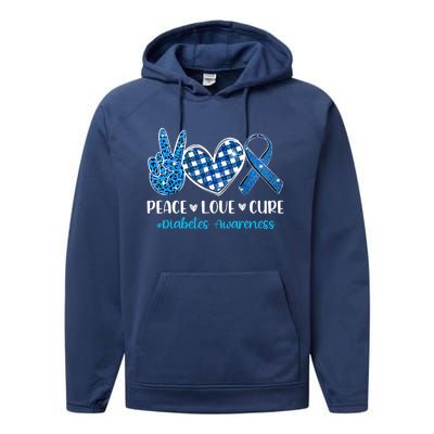 Bleached Peace Love Cure Grey Blue Ribbon Diabetes Awareness Performance Fleece Hoodie