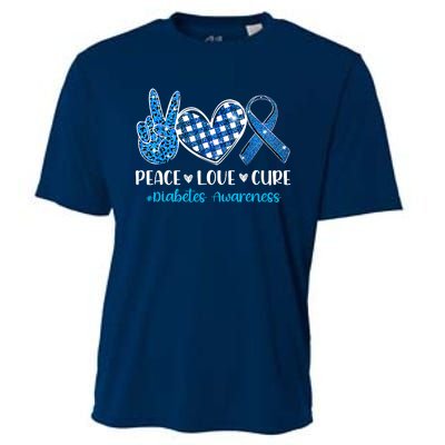 Bleached Peace Love Cure Grey Blue Ribbon Diabetes Awareness Cooling Performance Crew T-Shirt