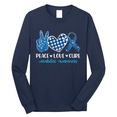 Bleached Peace Love Cure Grey Blue Ribbon Diabetes Awareness Long Sleeve Shirt