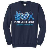 Bleached Peace Love Cure Grey Blue Ribbon Diabetes Awareness Sweatshirt