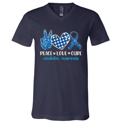 Bleached Peace Love Cure Grey Blue Ribbon Diabetes Awareness V-Neck T-Shirt