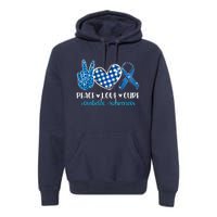 Bleached Peace Love Cure Grey Blue Ribbon Diabetes Awareness Premium Hoodie