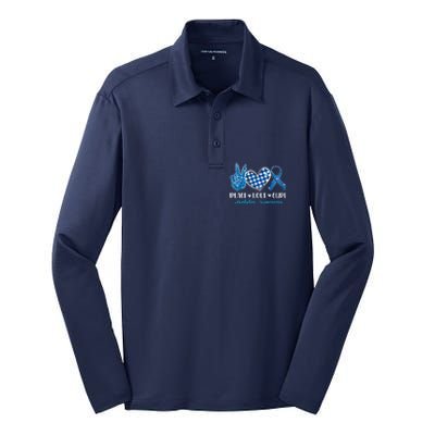 Bleached Peace Love Cure Grey Blue Ribbon Diabetes Awareness Silk Touch Performance Long Sleeve Polo