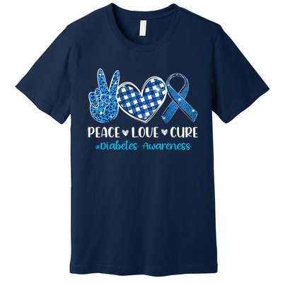 Bleached Peace Love Cure Grey Blue Ribbon Diabetes Awareness Premium T-Shirt