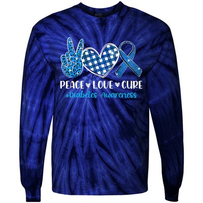 Bleached Peace Love Cure Grey Blue Ribbon Diabetes Awareness Tie-Dye Long Sleeve Shirt