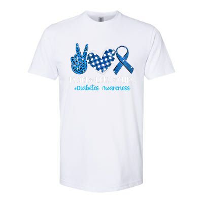 Bleached Peace Love Cure Grey Blue Ribbon Diabetes Awareness Softstyle CVC T-Shirt