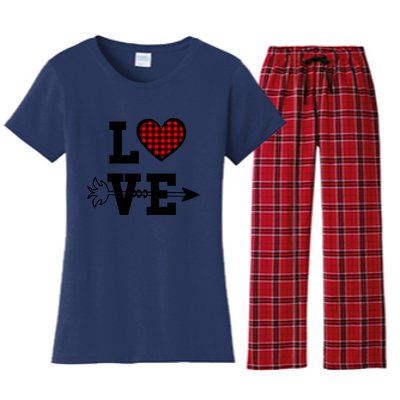 Buffalo Plaid Love Heart Valentine's Day Pajama Top Funny Gift Women's Flannel Pajama Set