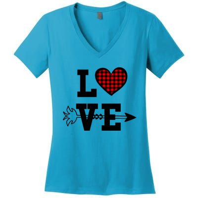 Buffalo Plaid Love Heart Valentine's Day Pajama Top Funny Gift Women's V-Neck T-Shirt