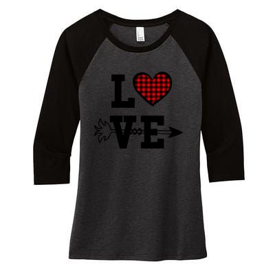 Buffalo Plaid Love Heart Valentine's Day Pajama Top Funny Gift Women's Tri-Blend 3/4-Sleeve Raglan Shirt