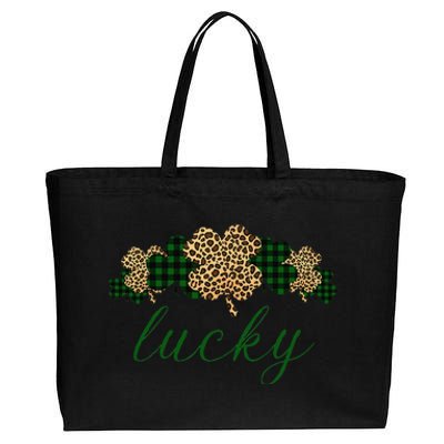 Buffalo Plaid Leopard Shamrock Clover Lucky St Patricks Day Cotton Canvas Jumbo Tote