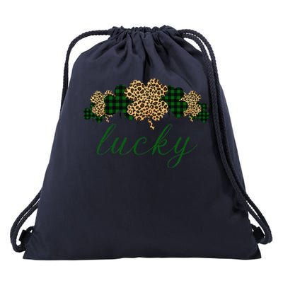 Buffalo Plaid Leopard Shamrock Clover Lucky St Patricks Day Drawstring Bag