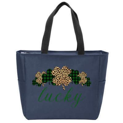 Buffalo Plaid Leopard Shamrock Clover Lucky St Patricks Day Zip Tote Bag