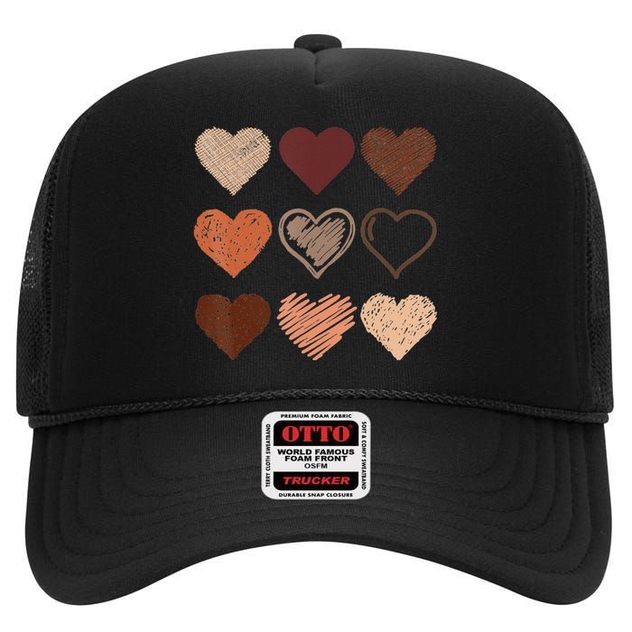 Black Pride Melanin Skin Tone Hearts Black History Month High Crown Mesh Back Trucker Hat