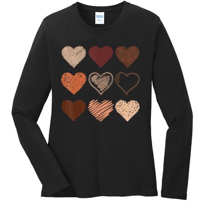 Black Pride Melanin Skin Tone Hearts Black History Month Ladies Long Sleeve Shirt