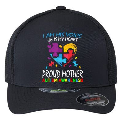 Blue Proud Mother Autism Awareness Mom Son I Am His Voice Gift Flexfit Unipanel Trucker Cap