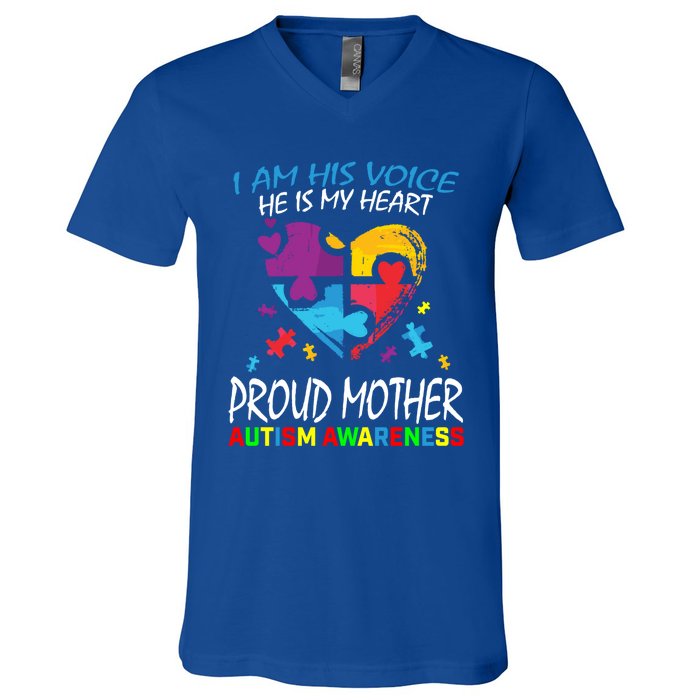 Blue Proud Mother Autism Awareness Mom Son I Am His Voice Gift V-Neck T-Shirt