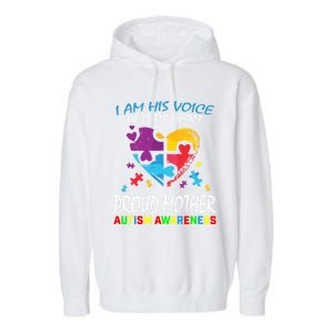 Blue Proud Mother Autism Awareness Mom Son I Am His Voice Gift Garment-Dyed Fleece Hoodie