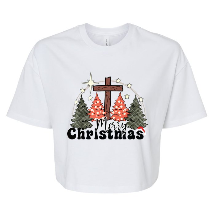 Buffalo Plaid Merry Christmas Tree Christian Cross Jesus Bella+Canvas Jersey Crop Tee