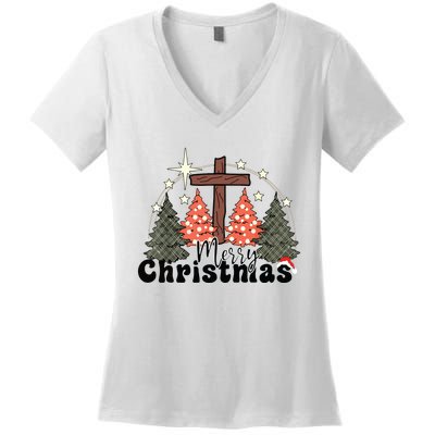 Buffalo Plaid Merry Christmas Tree Christian Cross Jesus Women's V-Neck T-Shirt