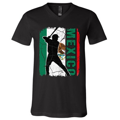 Baseball Player Mexico Flag Baseball Fans V-Neck T-Shirt