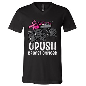 Bold Pink Monster Truck for Breast Cancer Support V-Neck T-Shirt