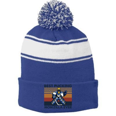 Best Pucking Momzilla Ever Funny Hockey Mom Saying Funny Gift Stripe Pom Pom Beanie