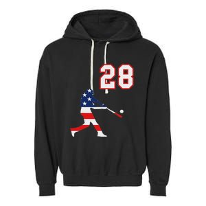 Baseball Player Number 28 With American Usa Flag Garment-Dyed Fleece Hoodie