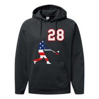 Baseball Player Number 28 With American Usa Flag Performance Fleece Hoodie