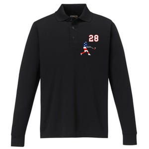 Baseball Player Number 28 With American Usa Flag Performance Long Sleeve Polo