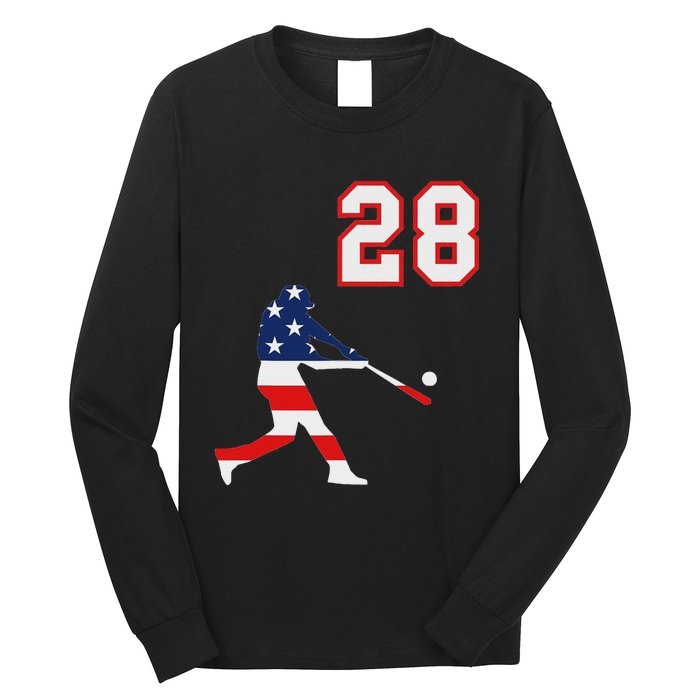 Baseball Player Number 28 With American Usa Flag Long Sleeve Shirt